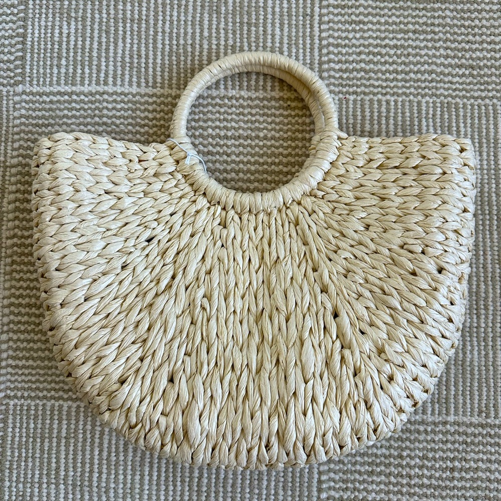 Woven straw open top handbag